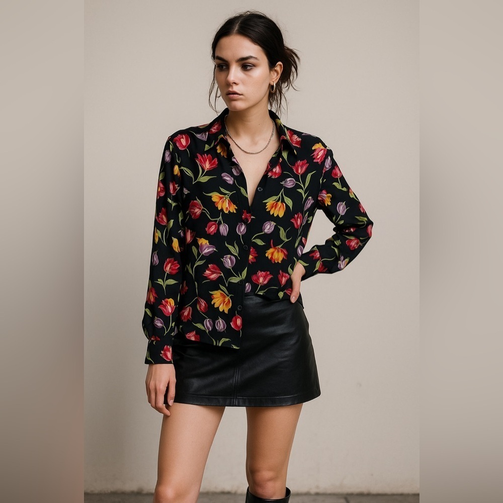Vintage indie sleeze 100% Silk Tulip Floral Button Down